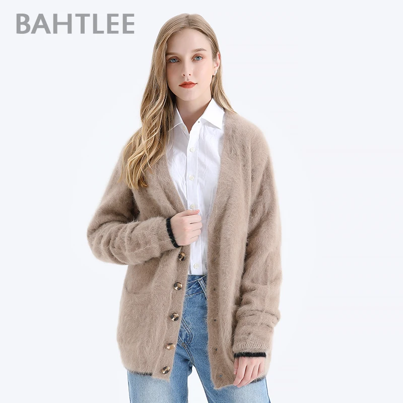 BAHTLEE Winter Women Knitted Short Cardigans With Pocket Sweater Wool Angora Coat Jumper Long Sleeves V-Neck