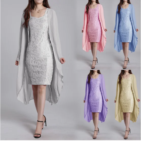 

2 Piece Set Dress Women 2021 New Fashion Solid Chiffon Lace Tank Dress Suit