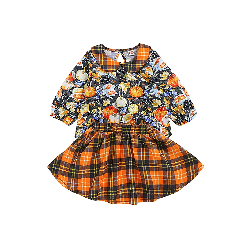 

Женский комплект одежды на Хэллоуин с принтом тыквы, воротник Питера Пэна, топы с длинными рукавами, клетчатая короткая юбка с эластичным по...