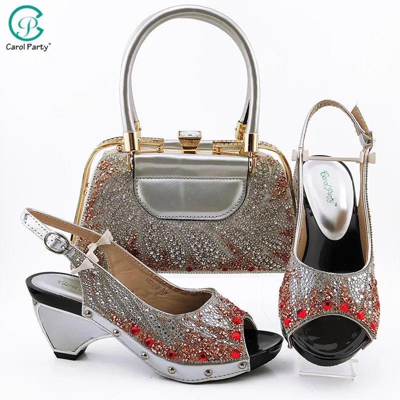 

2020 Hot Selling Nigerian Fashion Italian Design New Arrival Matching Shoes And Bag Set For Wedding Party in SIlver Color