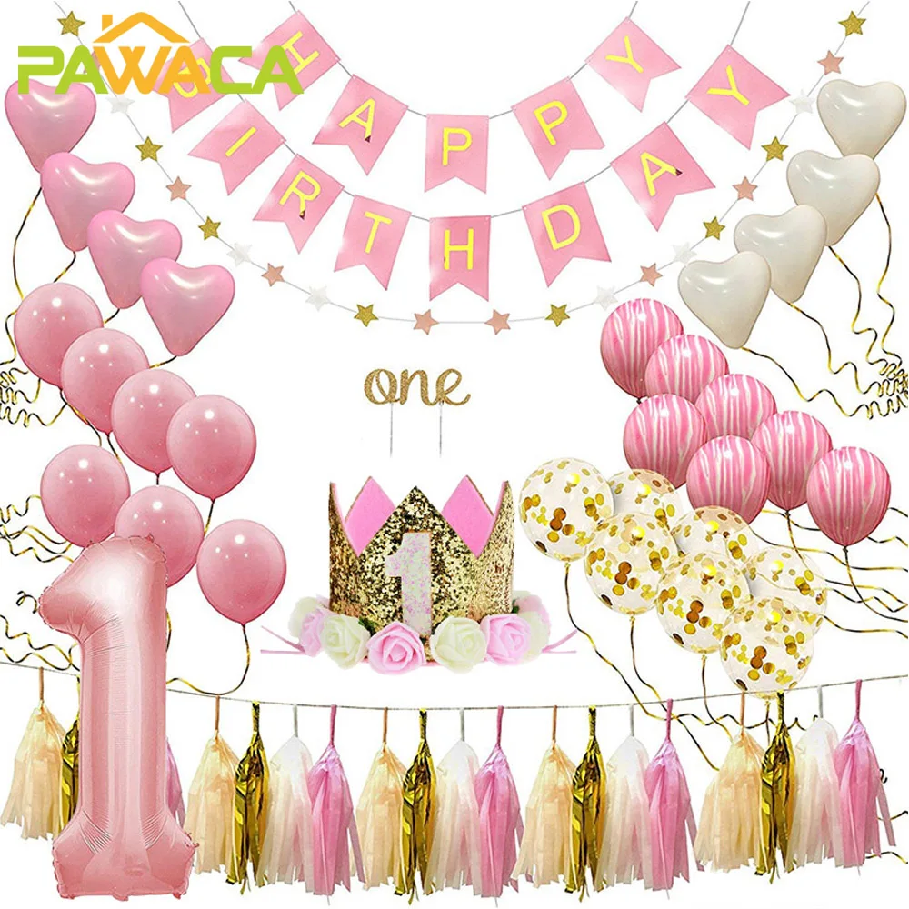 

Однолетние вечерние воздушные шары, баннер, воздушные шары, набор «С Днем Рождения» вечерние украшения для маленькой девочки, I AM One 1 год, тов...