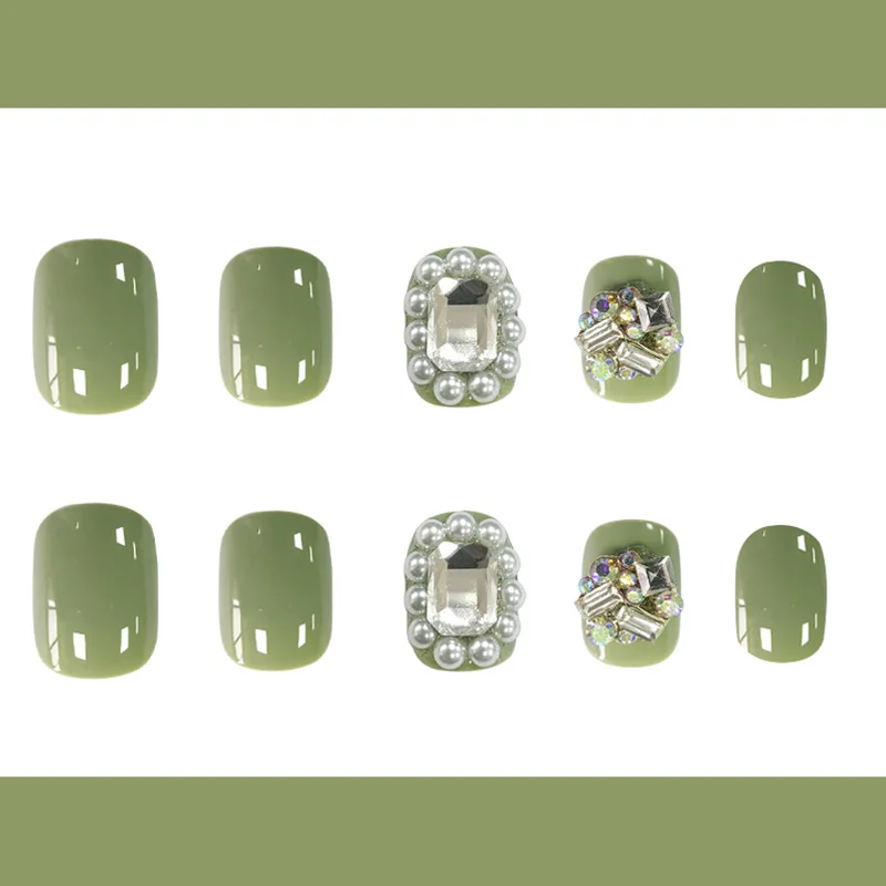 

Fake Nails Short Green Nail Stickers Finished Nail Stickers 24 Pcs Nail Stickers With Glue Comfortable and Durable STTX889