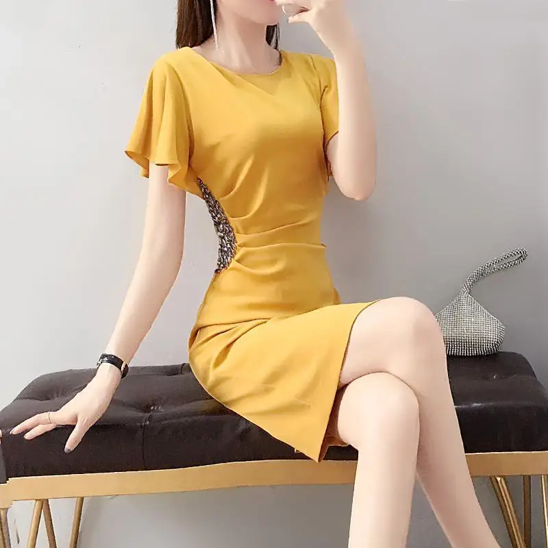 

Women Spring Summer Style Dress Women's O-Neck Short Sleeve Slim Solid Color Yellow Simple Temperament Ladies Dress SS3062