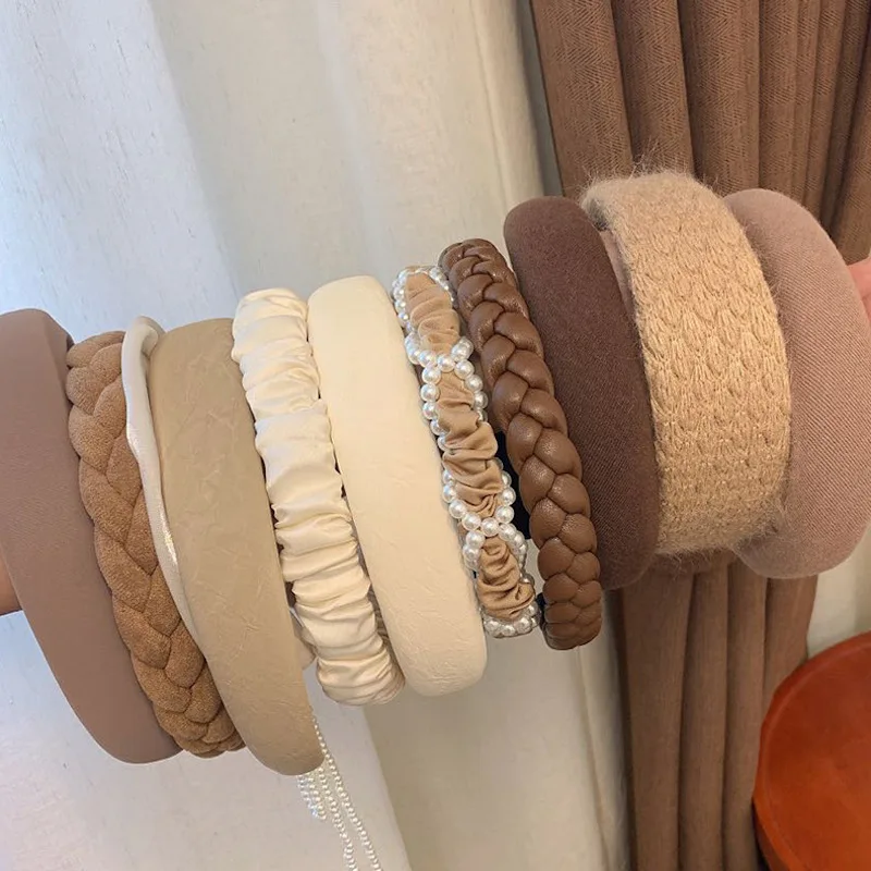 

Fashion Women Cream Coffee Leather Pearl Weaving Hairbands Braided Headwear Hair Hoop Elegant Girl Hair Accessories Headband