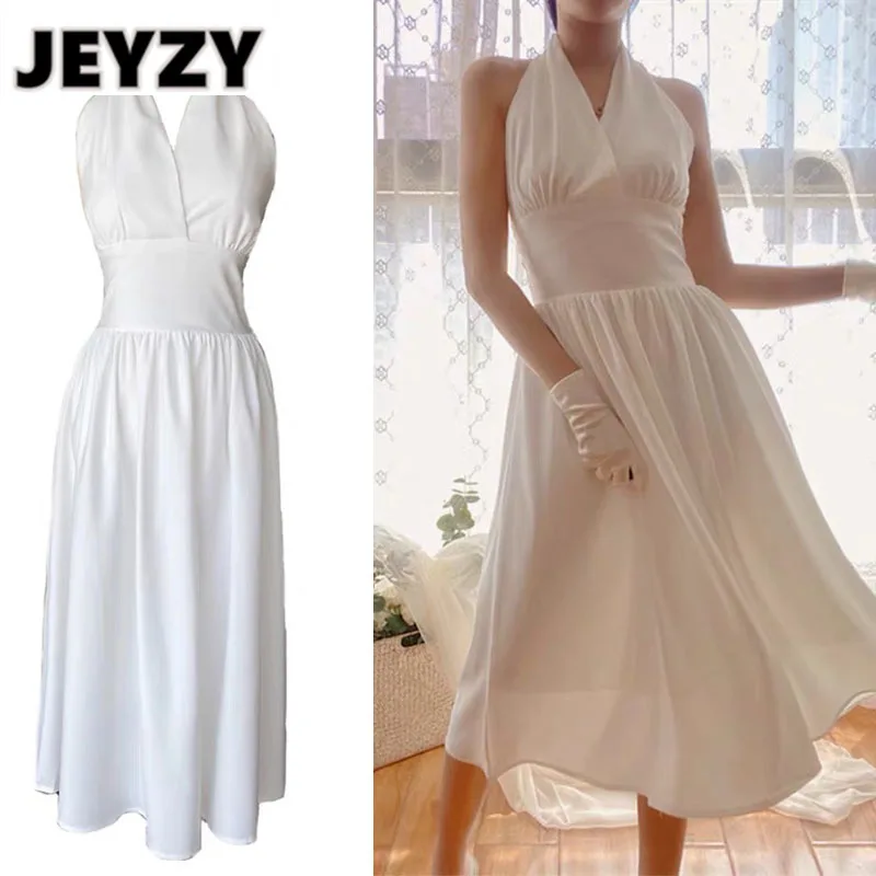 

Сексуальное Белое платье Jeyzy, Мэрилин Монро, с лямкой на шее, тонкое, с высокой талией, ТРАПЕЦИЕВИДНОЕ, элегантные сексуальные платья, женско...