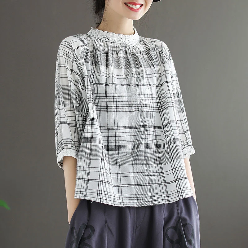 

Summer New Arts Style Women Half Sleeve Loose T-shirt cotton linen Plaid Vintage Tee Shirt Lace stand collar Femme Tops S795