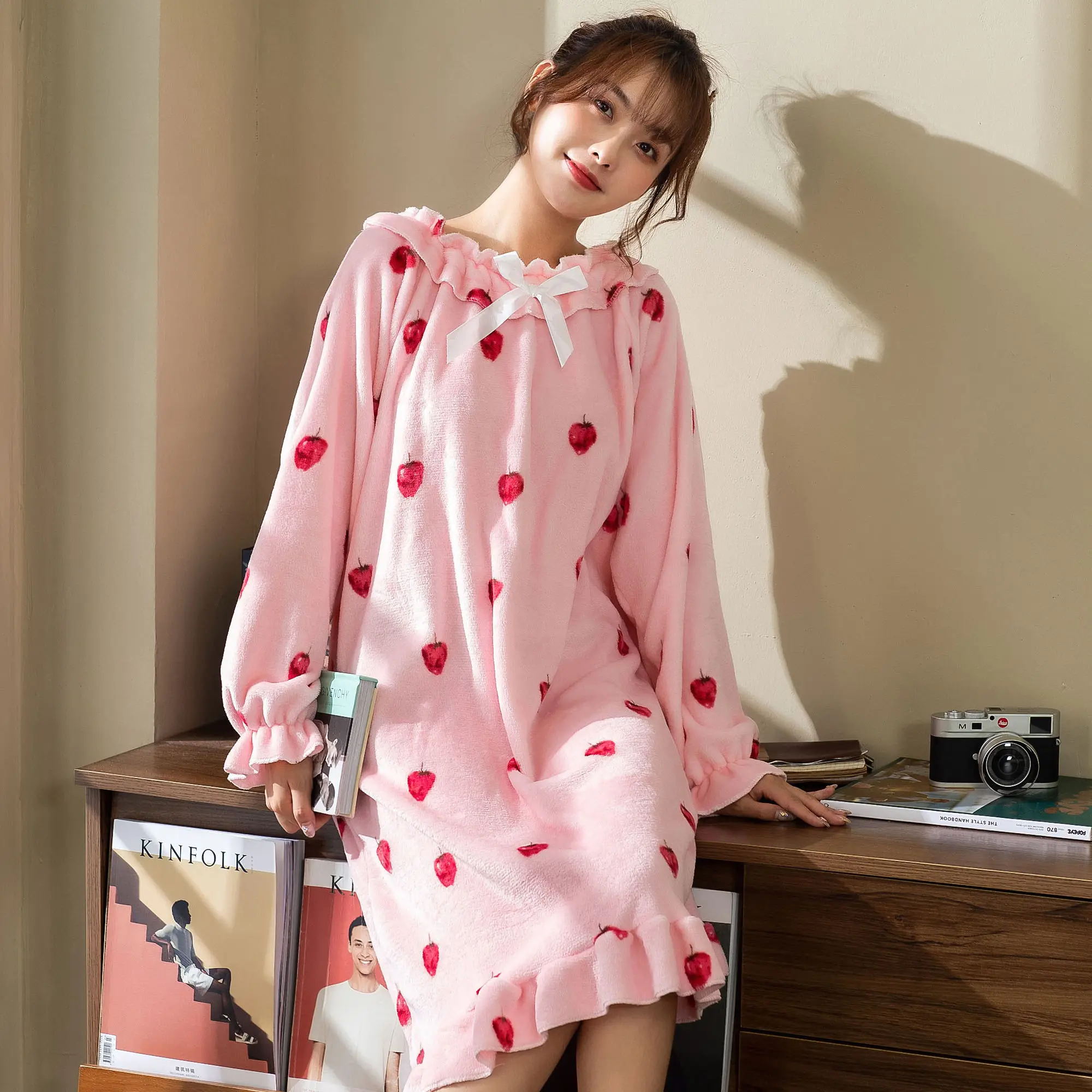 SOUGEN Flannel Sleepwear Women Sweet Pink Nightgowns Ruffles Neck Loose Sleepwear  for Women Plus Size Thick Autumn Winter