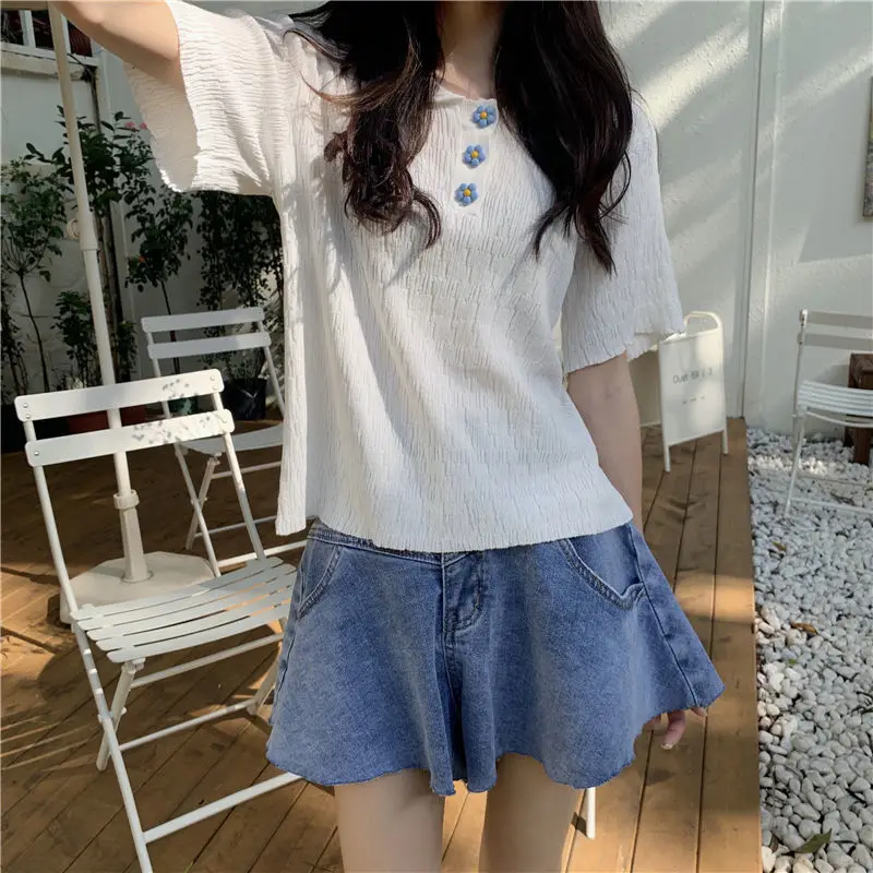Women's T-shirt 2021 Knit Polo Short Sleeve T-shirts Tee Top Female Clothing Chic Woman Blouse y2k Aesthetic Fashion Sweetshirts