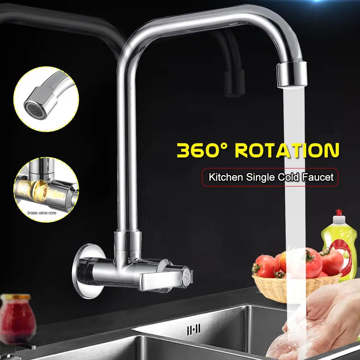 

Wall Mounted Kitchen Faucet 360 Degree Rotation Sink Basin Cold Water Tap Single Hole Bathroom Sink Wash Basin Water Tap