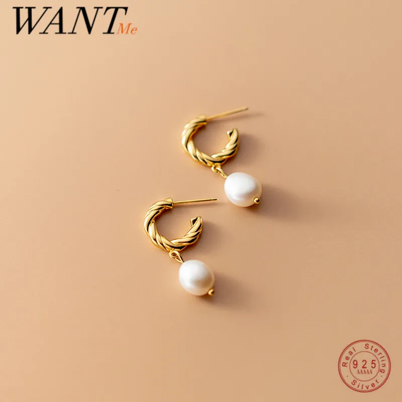

WANTME 925 Sterling Silver Bohemian Twist Pendant Baroque Pearl Earrings for Women Simple Charming Party Wedding Jewelry Gift