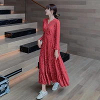 women long sleeve red chiffon floral print dress autumn spring 2022 elegant korean maxi dress runway boho casual party dress new