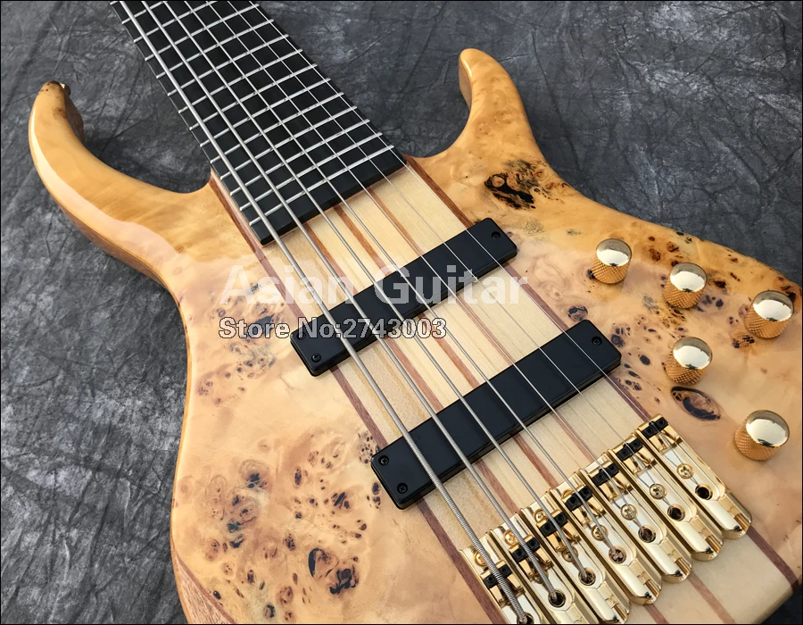 Вымершие 7 струн электрический бас, 11 шт. через шею, твердые Spalted кленовый заусенец, гриф из черного дерева, активные звукосниматели, реальные фото показывает