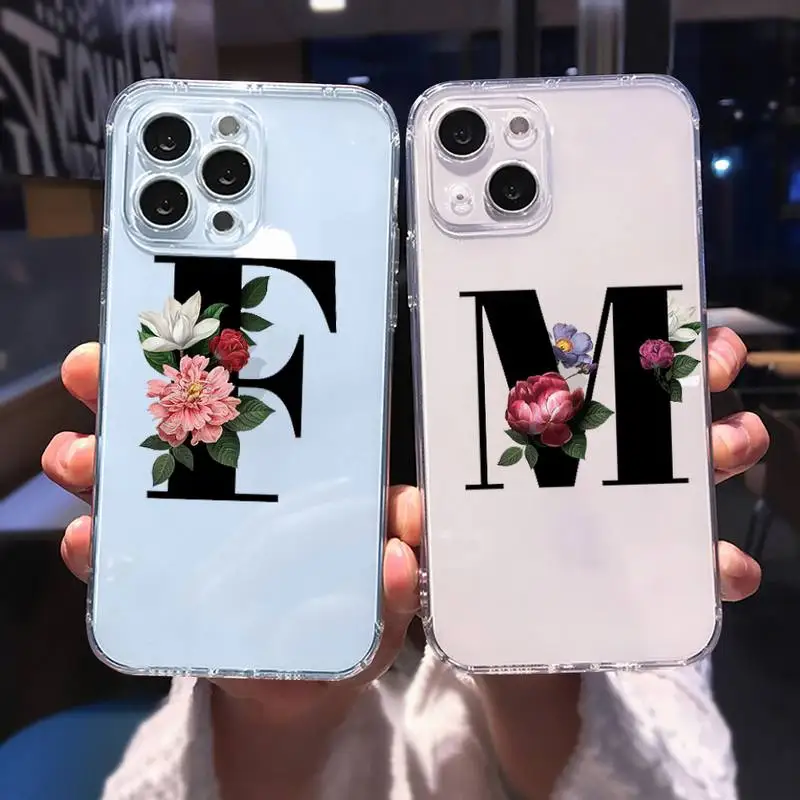 

Letter Floral Fundas Phone Case For iphone 13 12 11 8 7 plus mini x xs xr pro max Transparent soft