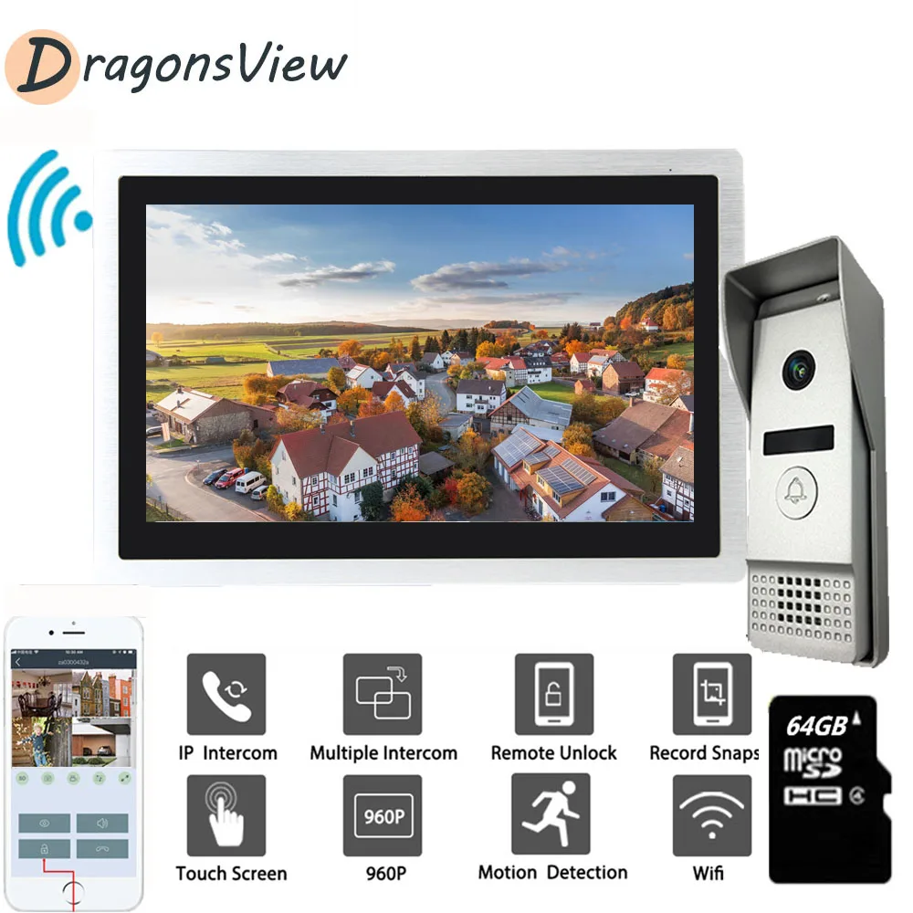 Видеодомофон Dragonsview с Wi-Fi 10 дюймов 960P IP сенсорный экран дверной звонок датчиком