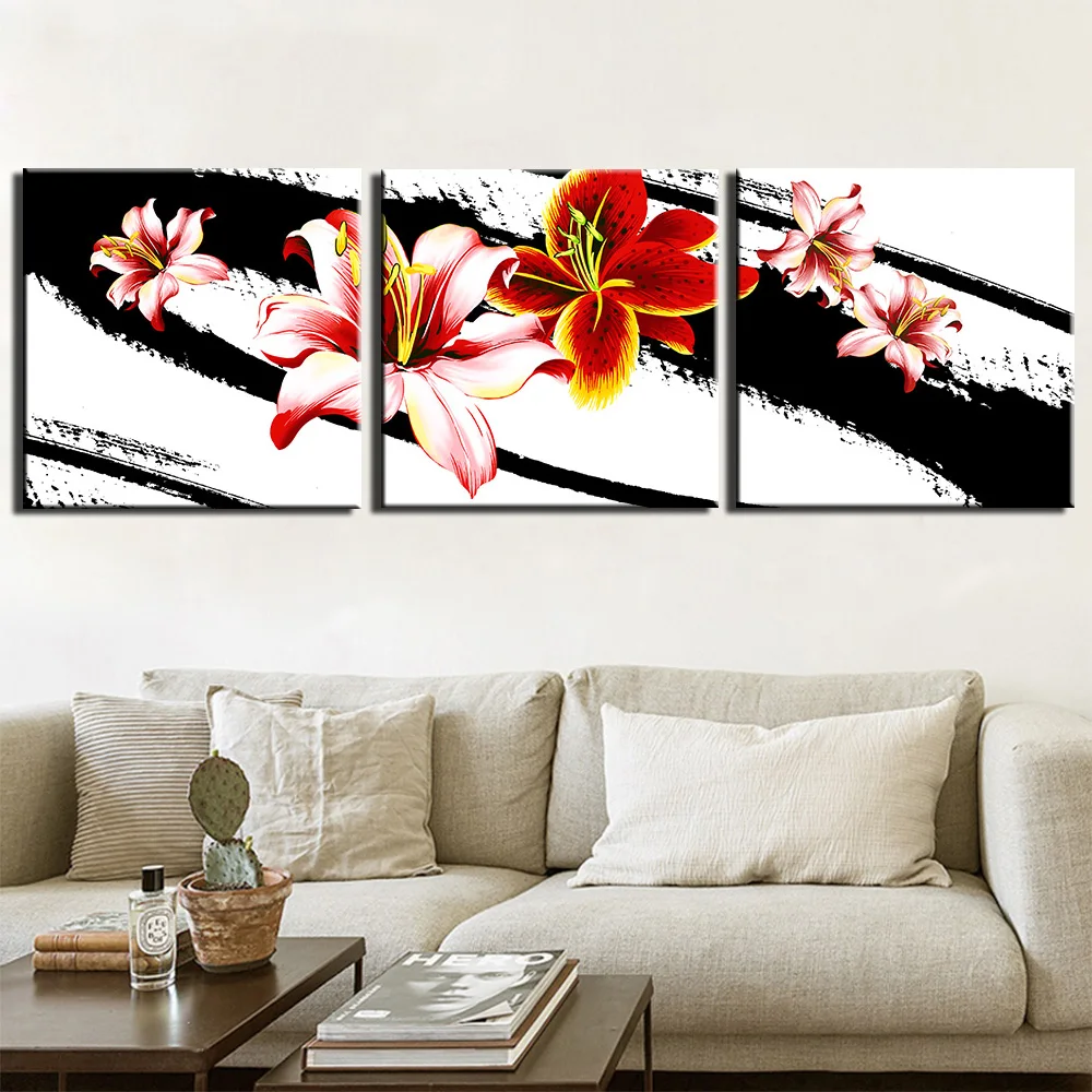 

3 Panels Abstract Flowers Ink Posters Wall Art Canvas Pictures Home Decor Paintings Accessories Living Room Bedroom Decoration
