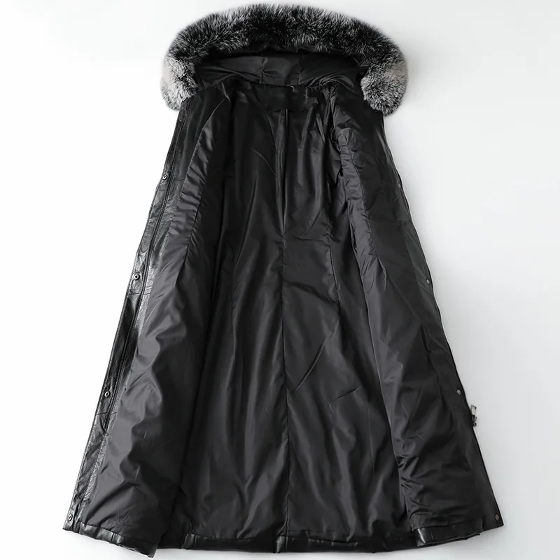 Winter Fashion 2020 Fox Fur Collar Hooded Sheepskin Leather Down Jacket Women's Long Genuine Leather Coat Thick Warm Outwear