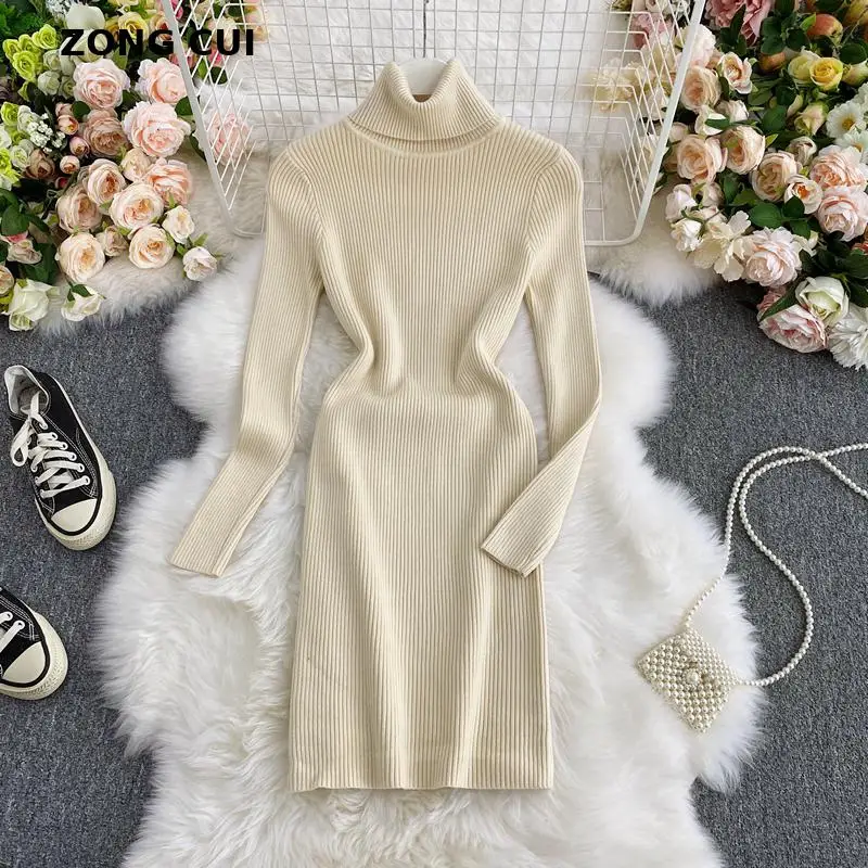 

New Women Turtleneck Collar Knitted Dress 2021 Autumn Long Sleeve Solid Color Casual Mini Bodycon Sweater Dress Bottoming Dress