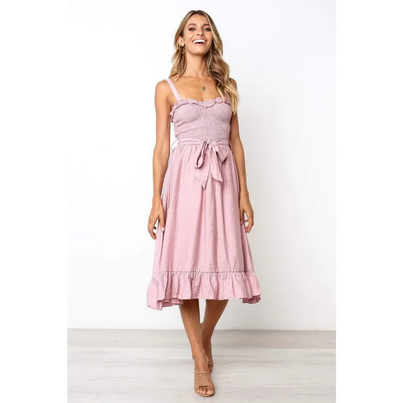 

QRWR 2020 Summer Floral Printing Women Dress Sexy Spaghetti Solid Color Dress With Sashes Maxi Dresses for Women