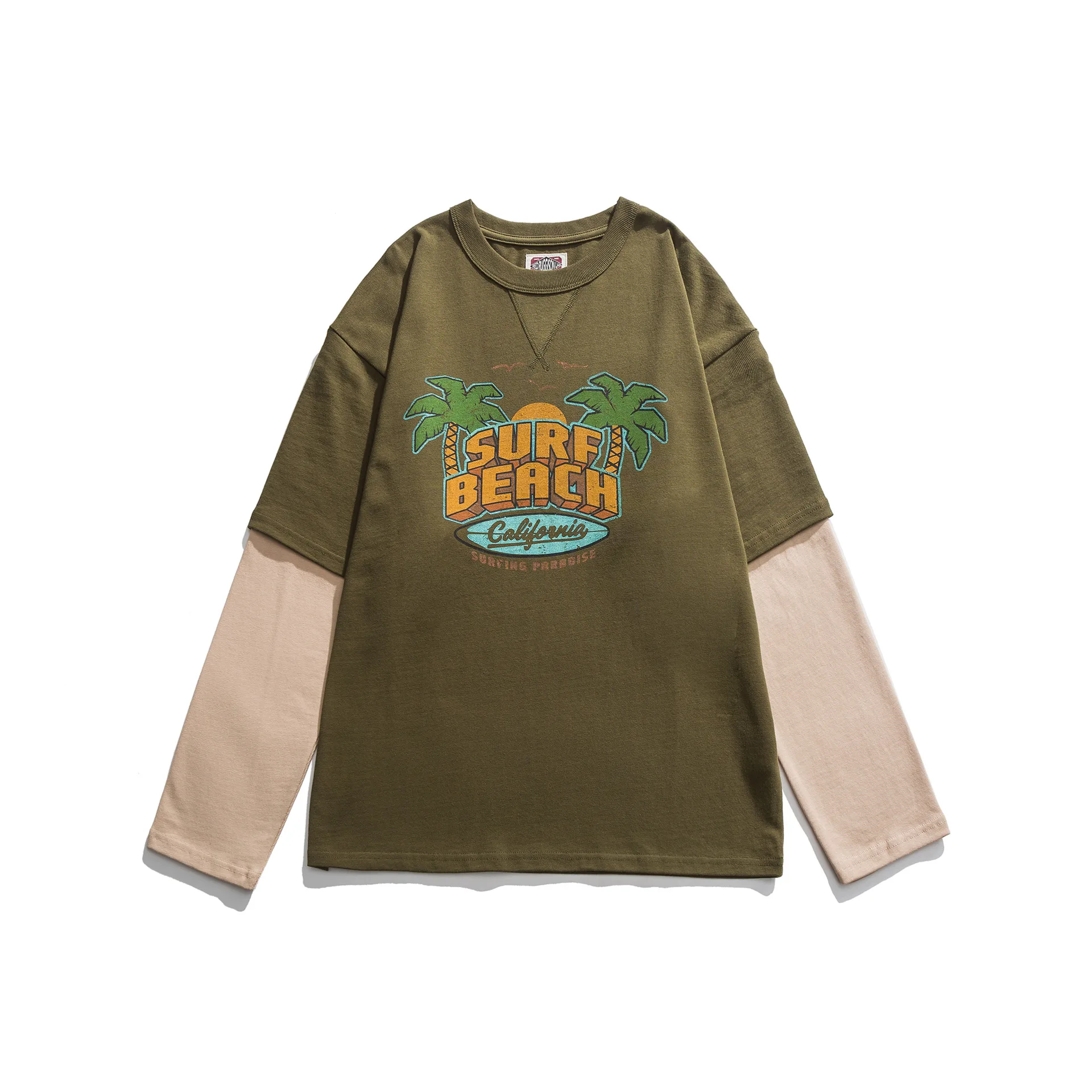 

1025 Men Fake Two Piece T-Shirt Vintage Loose Color Contrast Creativity Letter Island Printed Dropped Shoulder Youth Casual Tees