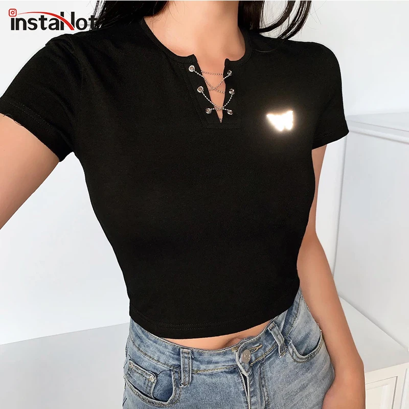 Женский короткий топ InstaHot повседневная винтажная облегающая футболка с коротким