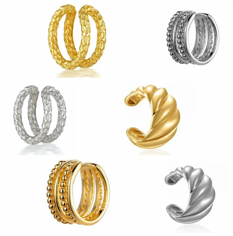 

24k Gold-Plated Silver Geometric Cross Clip Earrings for Women Gold Silver Color Simple Double Layer Ear Cuff Earrings Jewelry