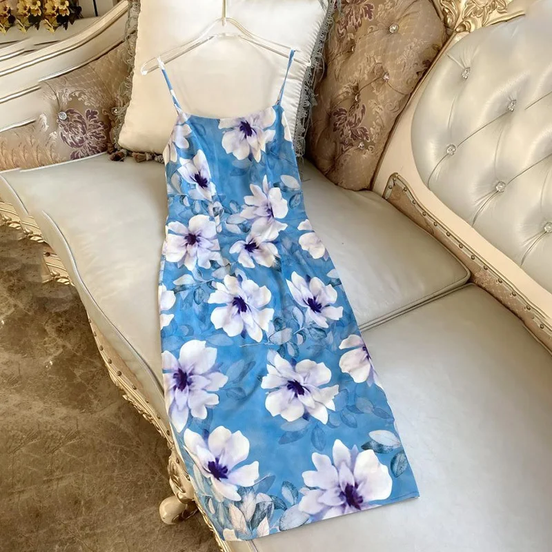 

Printed Floral Retro Dresses For Women Fashion Summer Beach Seaside Vacation Suspender Vestidos