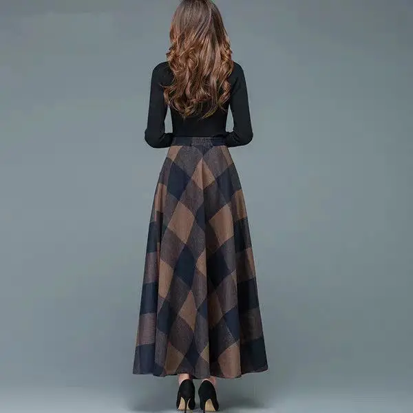 Осенне-зимняя шерстяная клетчатая юбка Женская Ретро новая большой и средней