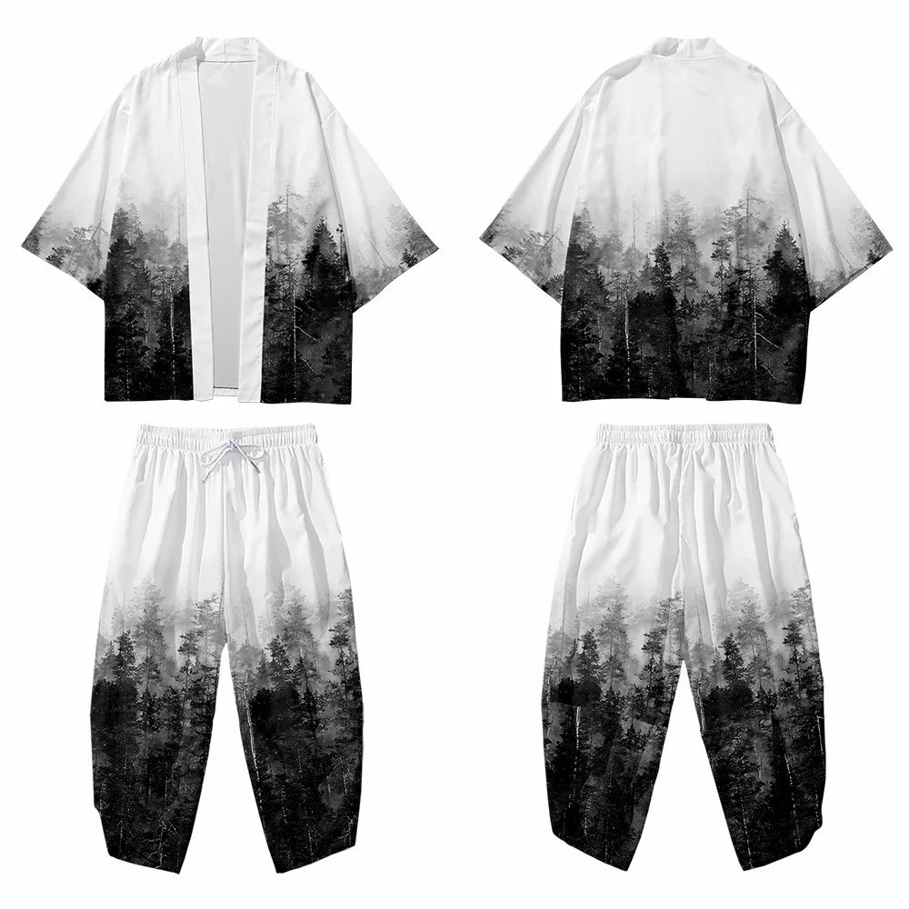 Кимоно в японском стиле для мужчин и женщин свободные штаны оверсайз 2 предмета