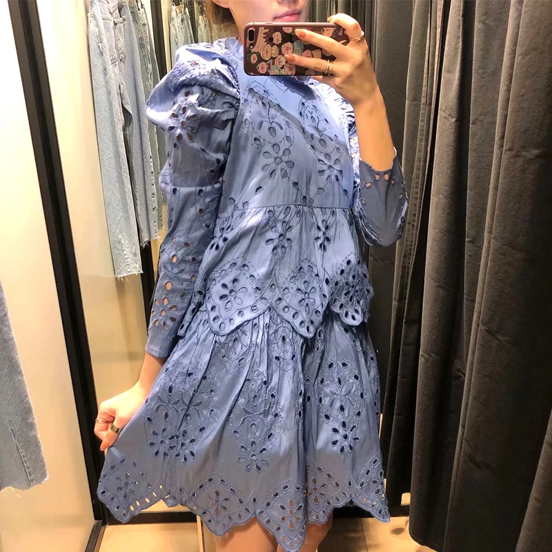 Женское мини-платье с рюшами синее вечернее платье-трапеция длинным рукавом и