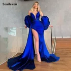 Женское вечернее платье-Русалка Smileven, официальное длинное синее платье с рукавами-фонариками и высоким разрезом сбоку, платье для выпускного вечера, 2021