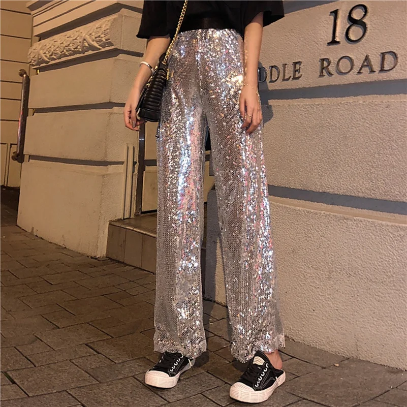 2021 Fashion The New Loose Buling Sparkling Sequin Wide Leg Slim Leisure Pants Free Shipping | Женская одежда