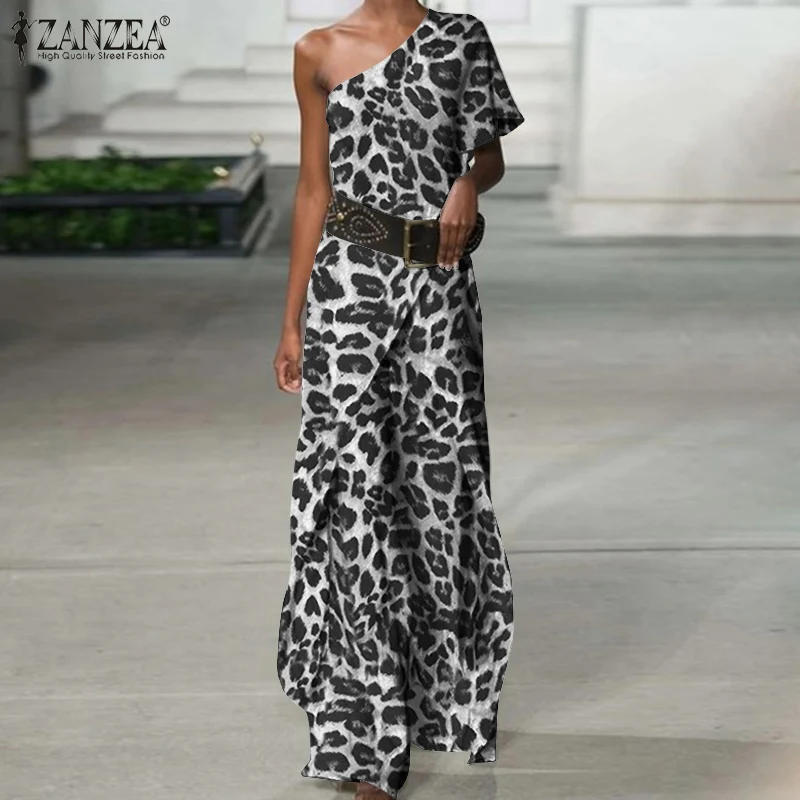 

Women's Leopard Printed Playsuits 2021 Summer Off Shoulder Jumpsuit Female Long Overalls ZANZEA Fashion Holiday Wide Leg Rompers
