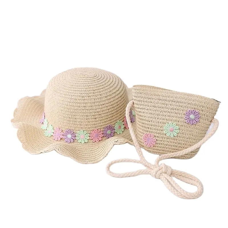 

2021 New Summer Elementary School Student Children Beach Hats Set Wide Brim Straw Wide Hat Children's Holiday Travel Bags Gorras