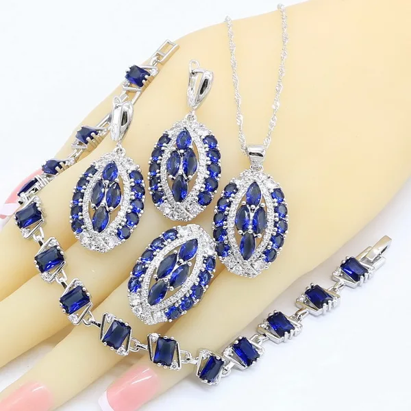 Dark Blue Zircon 925 Silver Jewelry Sets for Women Bracelet Earrings Necklace Pendant Ring Gift Box - Окраска металла: 4PCS with bracelet