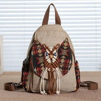 motaora handmade canvas backpack women vintage weave bag new national tassel backpack for female splice owl pattern travel bag