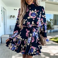 womens dress 2022 summer wear mini dress long sleeve floral print office lady casual black waist ruffles party vestidos