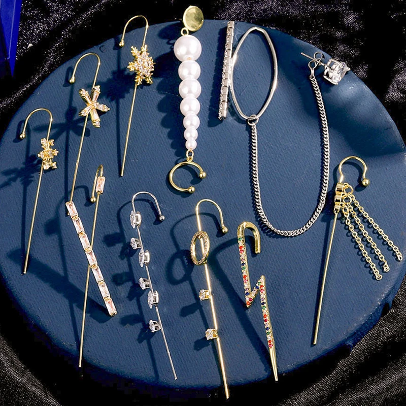 

VKME Vintage Crystal Hook Stud Earrings For Women Bohemian Copper Simple Earring Ear Clip Wrap Crawler Gold Earings Jewelry