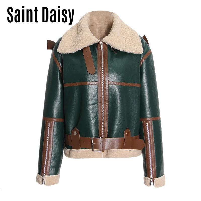 

SaintDaisy Women Winter Jean Fall Jacket Leather Blue PU Cropped Bomber Clothing Coat Dropshipping Fashion Patchwork Vintage