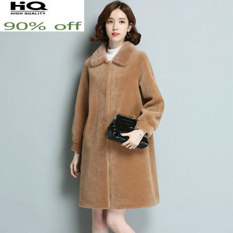 

Autumn Winter Natural Wool Jacket Women Sheep Sheared Coat Female Parka Real Mink Fur Collar Elegant Warm Clothes LWL1362