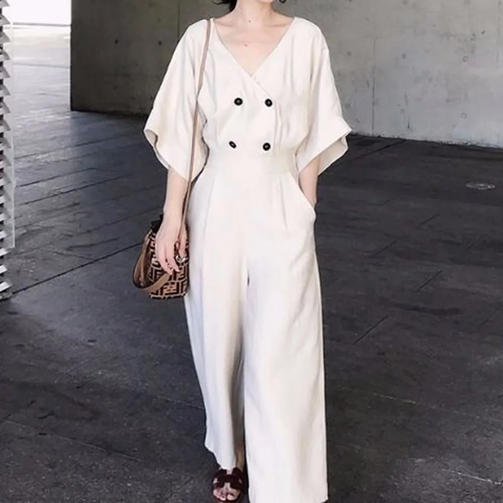 Сплошной цвет женский комбинезон 2020 Корейский Летний полурукав пуговицы Длина
