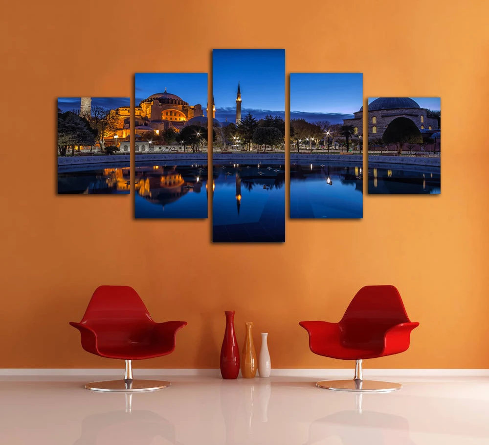 

5 Panels Fashion Blue Night Sultan Ahmed Mosque Istanbul Canvas Painting Home Living Room Backdrop Decoration Pictures