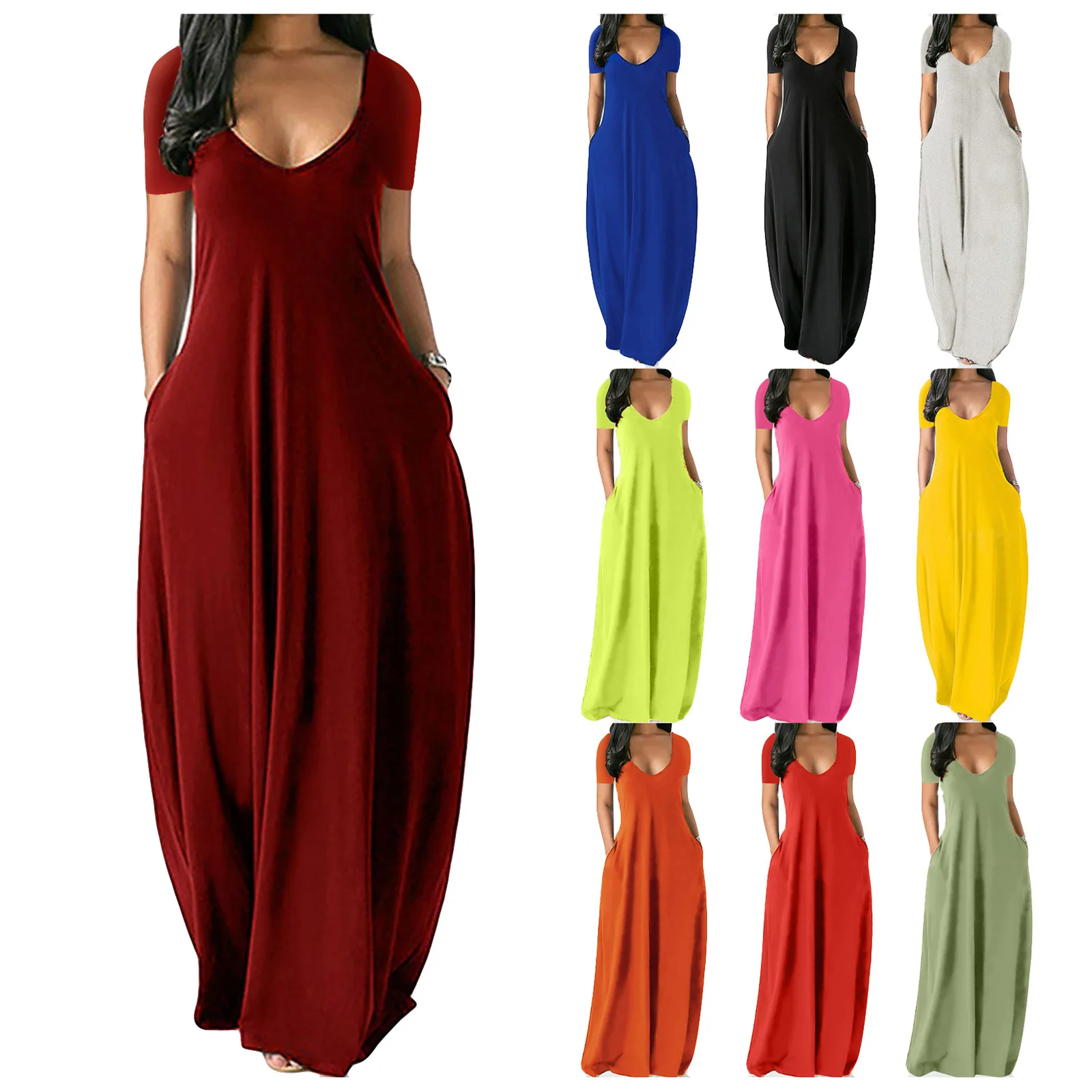 

Women Maxi Dress Summer Casual V-neck Solid Long Dress Fashion Pockets Short Sleeve Loose Female Vestidos Plus Size Dress