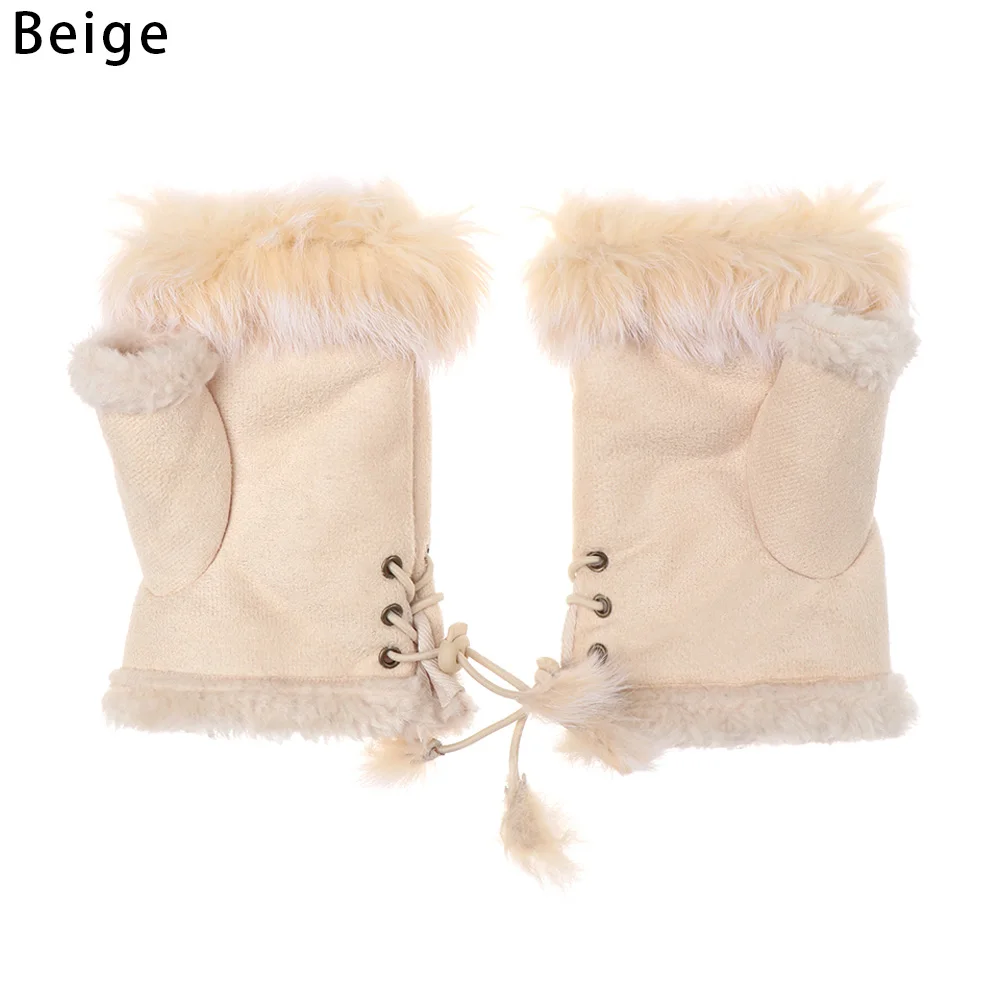 beige 1 пара модные замшевые кожаные перчатки меховая ткань запястья митенки без пальцев для женщин высокого качества половина пальца Женские варежки - Цвет: beige