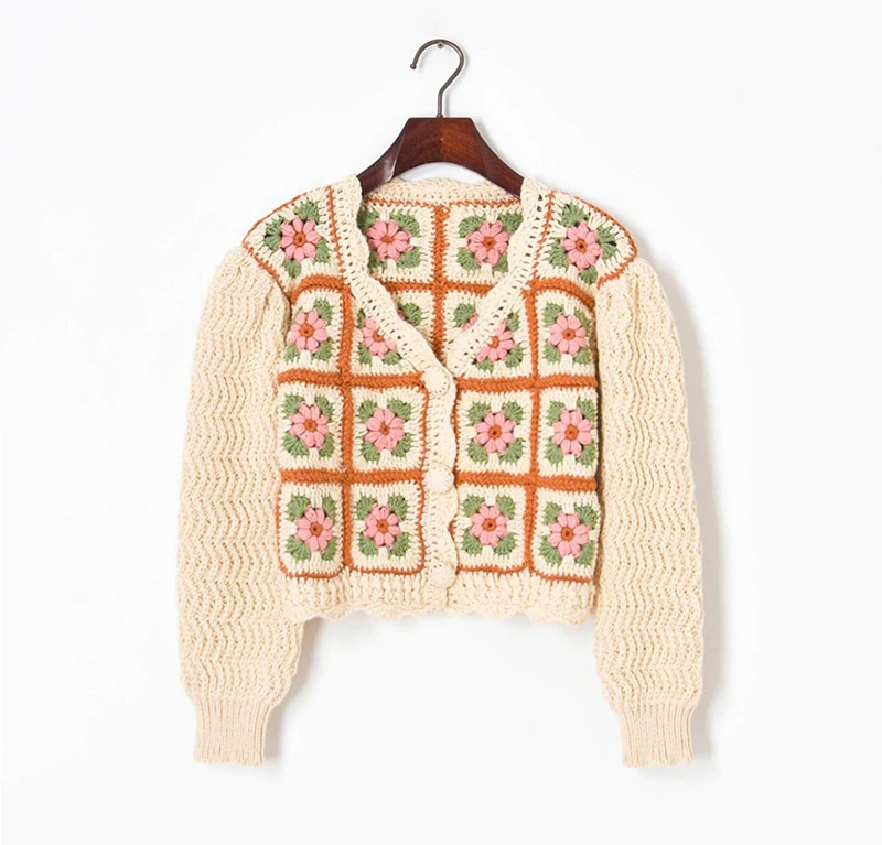 

Autumn new style handmade crocheted thick thread flower lantern sleeve knitted sweater cardigan women