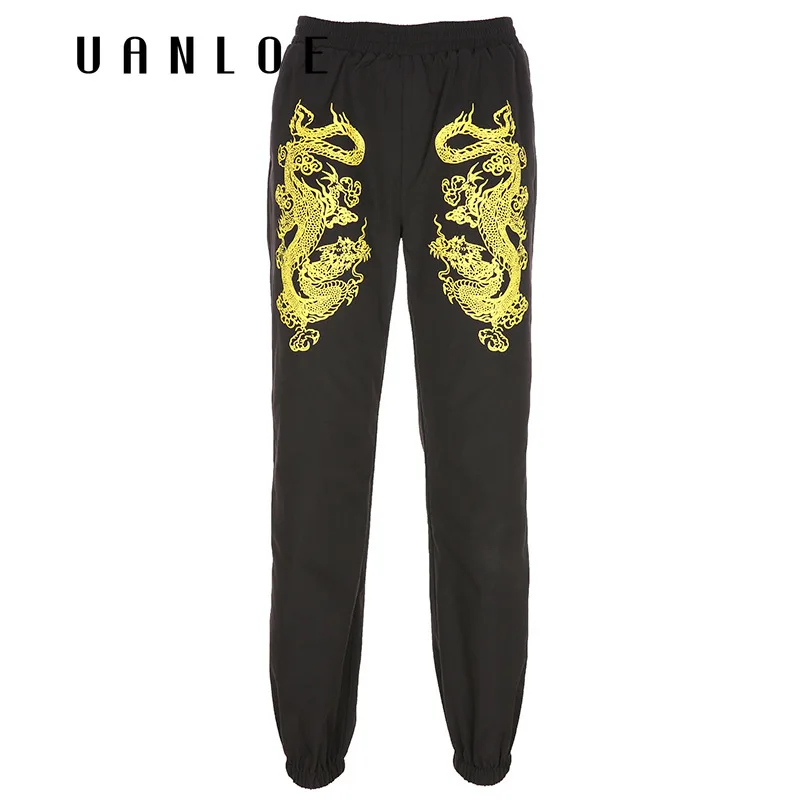 Женские брюки-карандаш с высокой талией и принтом дракона черные уличные