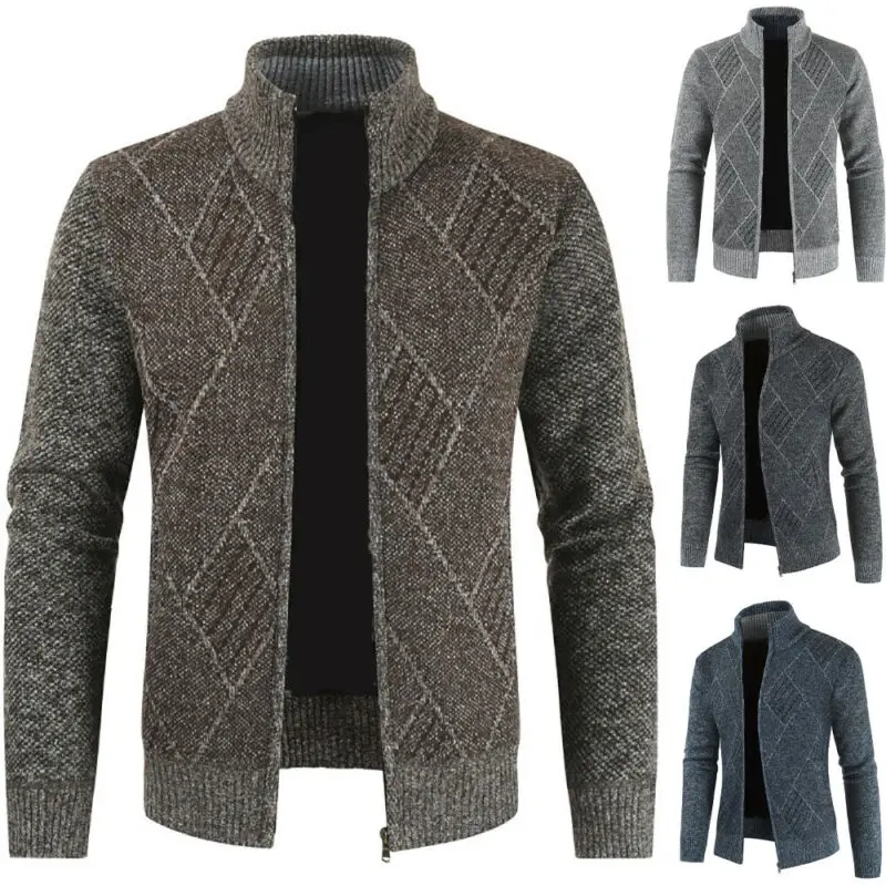 

Autumn And Winter Mens Casual Long Sleeve Stand Collar Solid Color Cardigan Knitted Jacket Outerwear