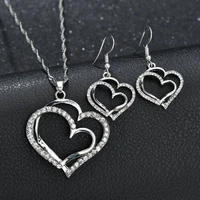classic hollow out double heart shaped pendant necklace earring aaa cz crystal rhinestone for women lovers wedding jewelry set