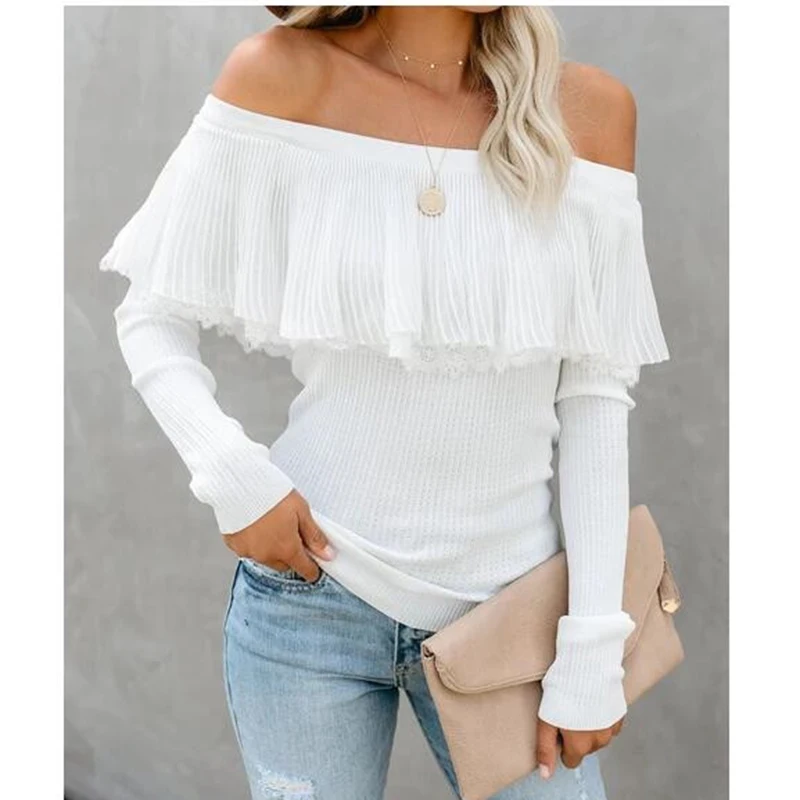 Шифоновый с открытыми плечами вязаный свитер оборками женский длинный рукав