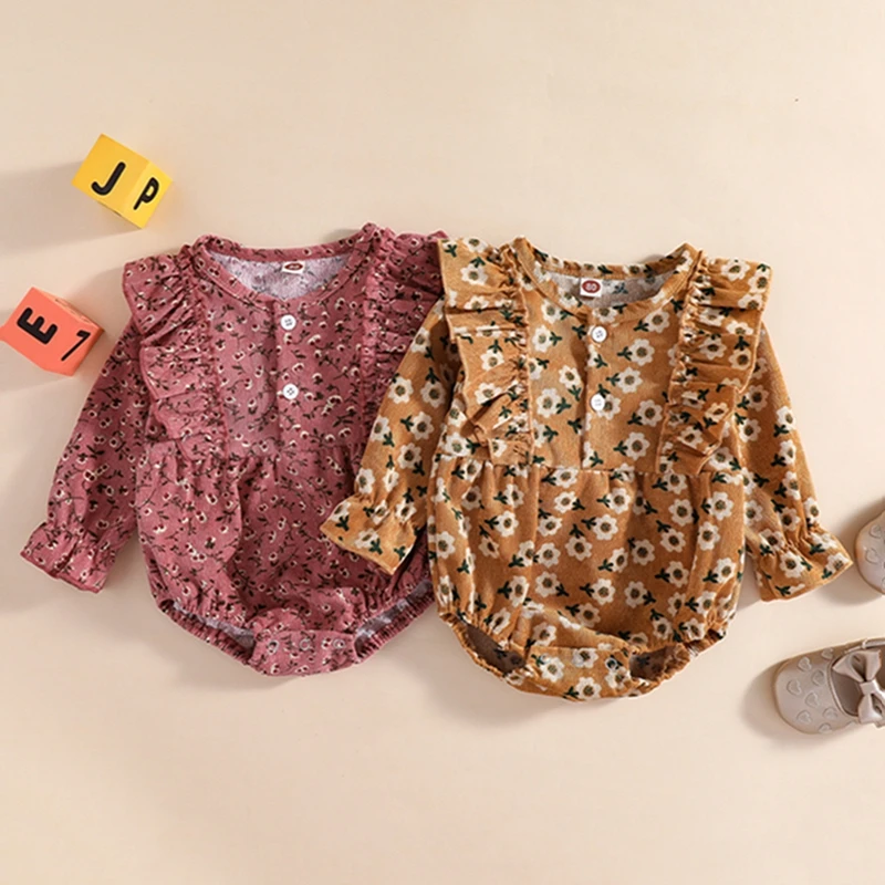 

2022 New Born Girl's Romper Long Sleeve Ruffle Half Button Elastic Cuff Floral Print Romper Baby Clothing