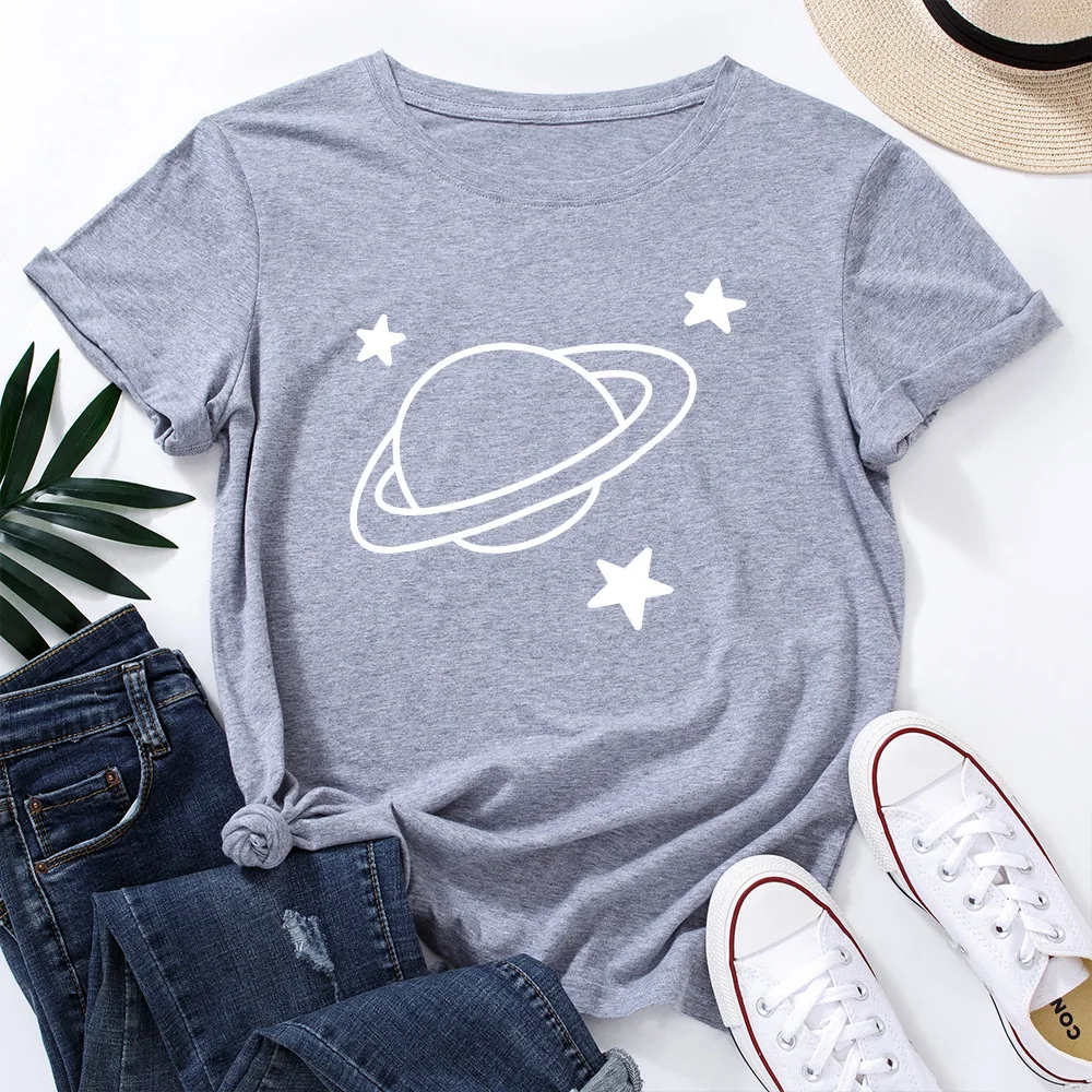 

Plus Size S-5XL Women Tshirts Cartoon Planet Print Short Sleeve For Girls Summer Casual Harajuku Funny Female Top Tee Hot